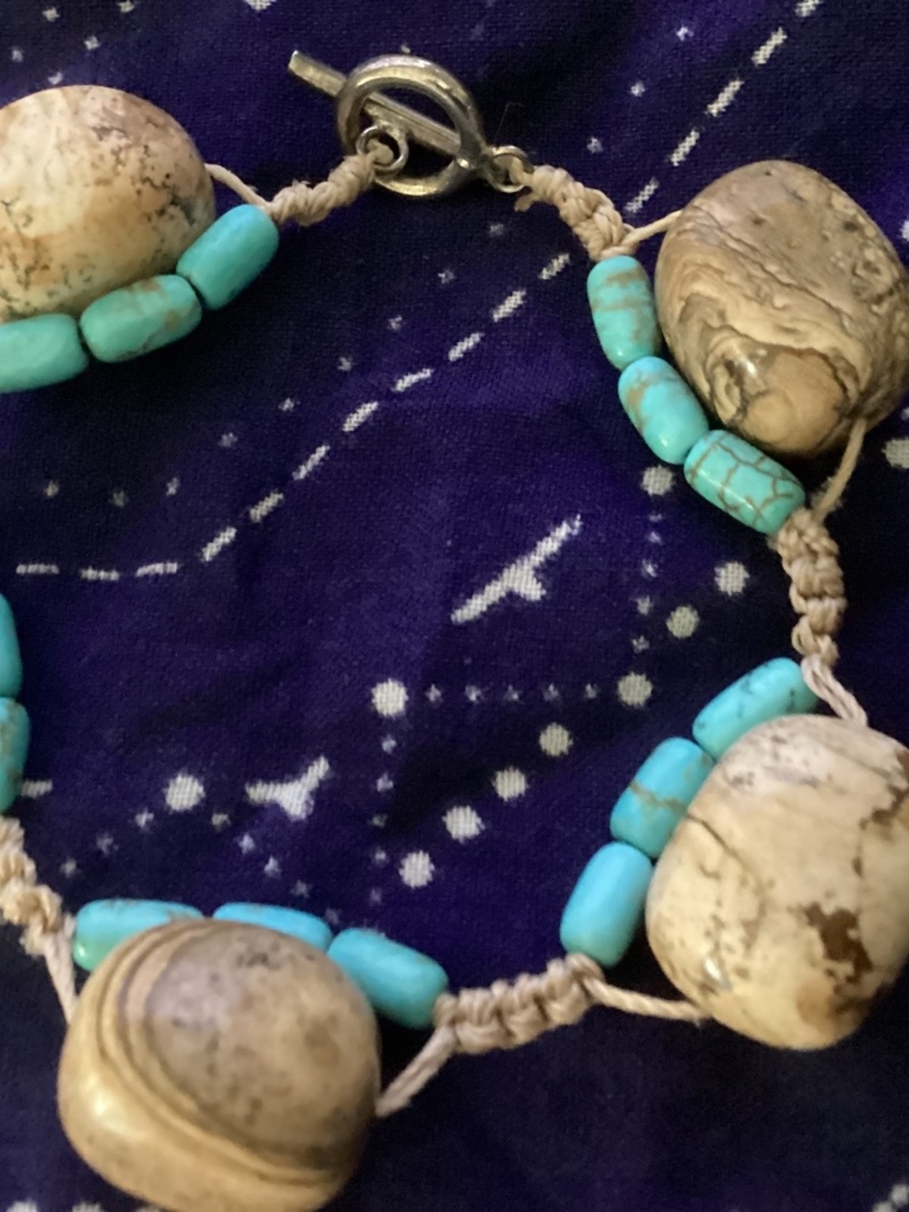Bracelet appears artisan with turquoise and large stones